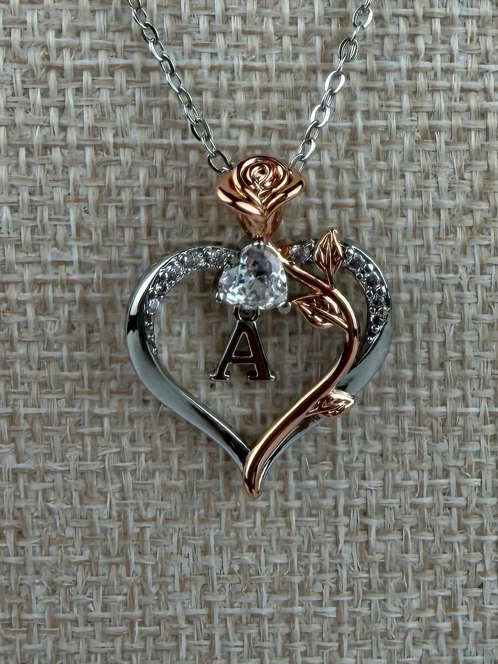 Two-Tone Rose Floral Heart Initial "A" Pendant Necklace